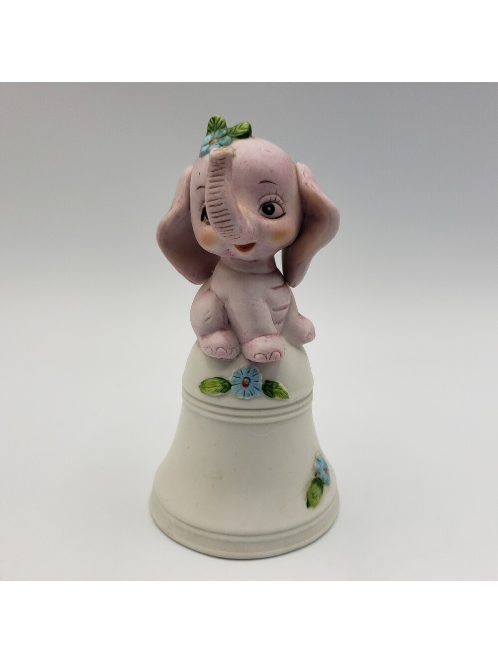 Vintage Bisque Porcelain Bell Pink Elephant Flower Taiwan ROC Big Eyes Trunk Up